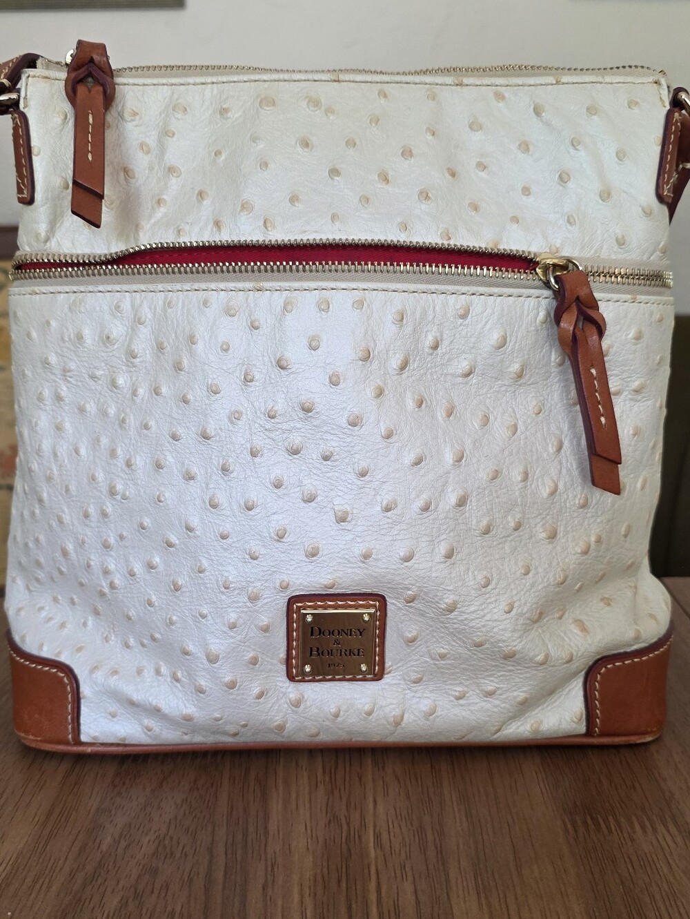 Dooney & Bourke White Ostrich-Embossed Crossbody with Tan Trim